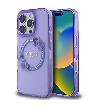 Guess Flowers Wreath Purple iPhone 16 Pro Max – Etui MagSafe