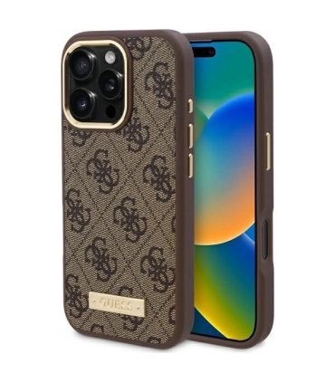 Etui Guess 4G Logo Plate MagSafe na iPhone 16 Pro Max - Brązowe