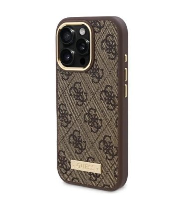 Etui Guess 4G Logo Plate MagSafe na iPhone 16 Pro Max - Brązowe