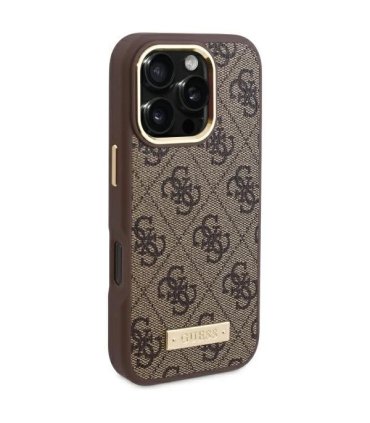 Etui Guess 4G Logo Plate MagSafe na iPhone 16 Pro Max - Brązowe