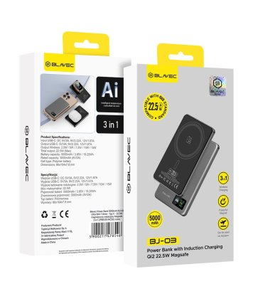 Blavec Power Bank BJ-04 5000mAh 22,5W MagSafe Typ C Ultra Slim 7,8mm Czarny