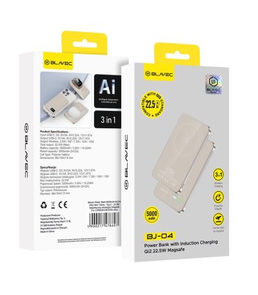 Blavec Power Bank BJ-04 5000mAh 22,5W MagSafe Typ C Ultra Slim 7,8mm Złoty