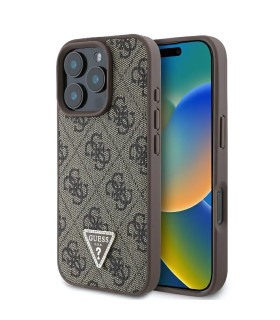 Etui Guess Hardcase Leather 4G Triangle Strass do iPhone 16 Pro – Brązowe