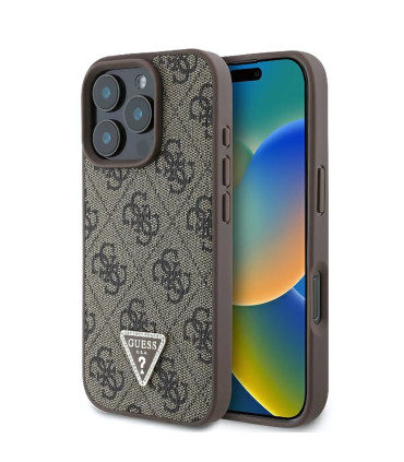 Etui Guess Hardcase Leather 4G Triangle Strass do iPhone 16 Pro – Brązowe