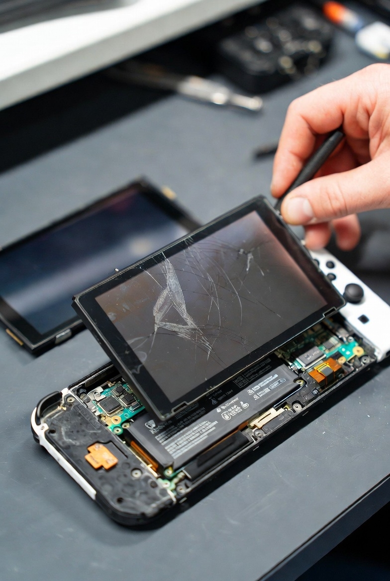 Pęknięty ekran Nintendo Switch – typowe uszkodzenie po upadku