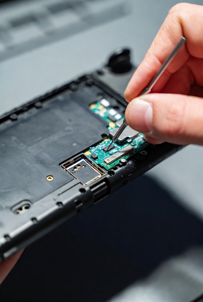 Proces **naprawy gniazda kart gier** w Nintendo Switch – mikrolutowanie