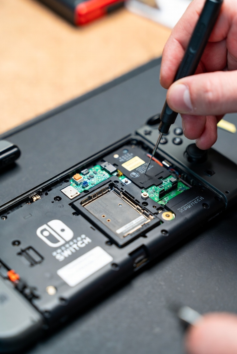 Nintendo Switch po **naprawie gniazda kart gier** – stabilne wkładanie kartridży