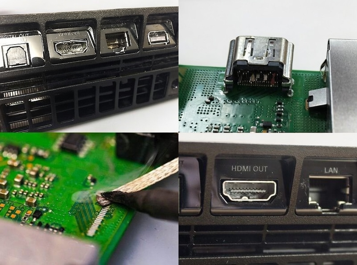 Proces **naprawy gniazda HDMI** w PlayStation 4 Slim – mikrolutowanie