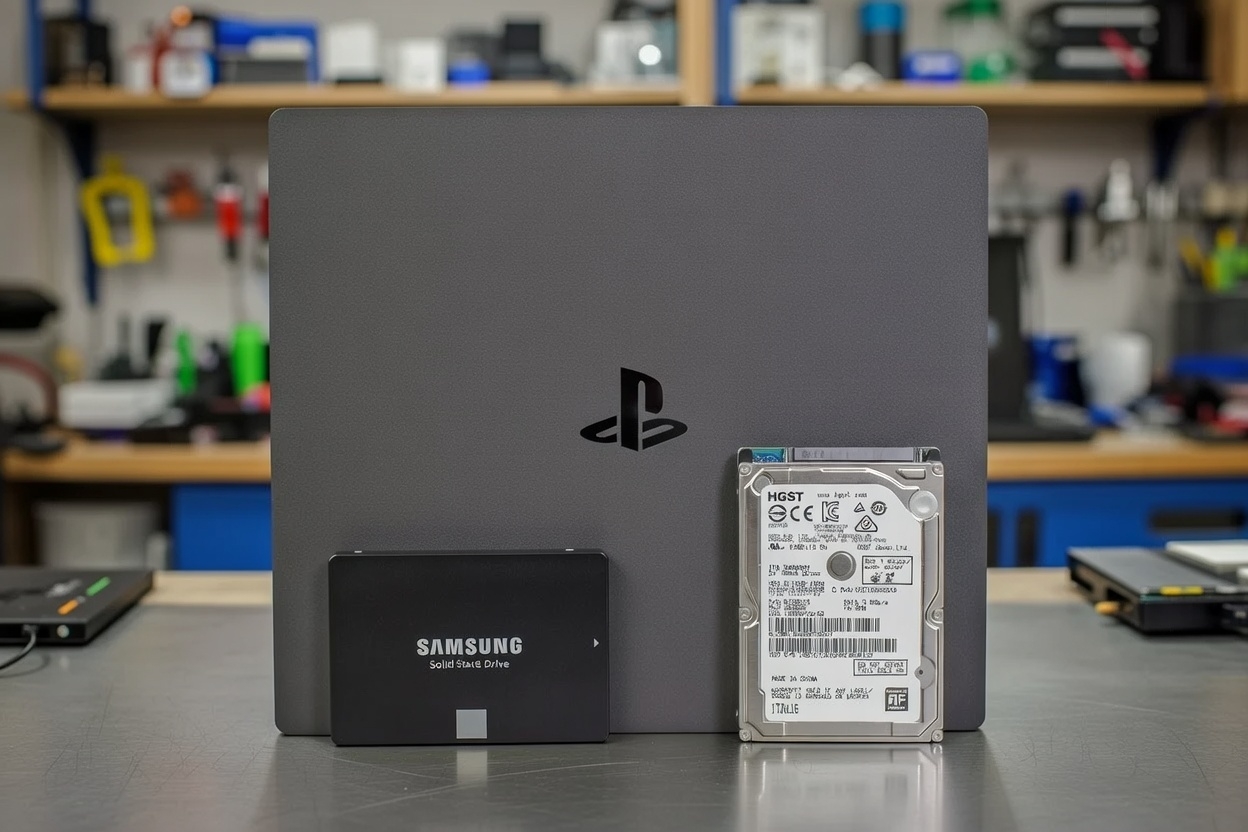 Proces **wymiany dysku na SSD** w PlayStation 4 Slim